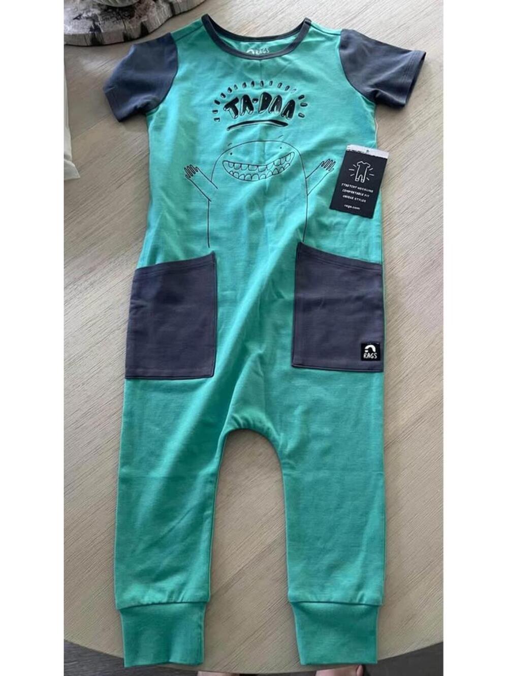 Rags ta-daa monster green grey romper 2t nwt